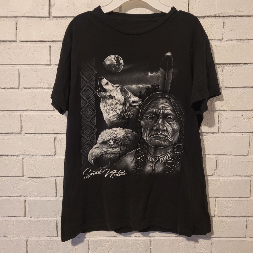 Vintage "Spirit Native" Wolf, Eagle, and Chief Graphic T-Shirt - Size M